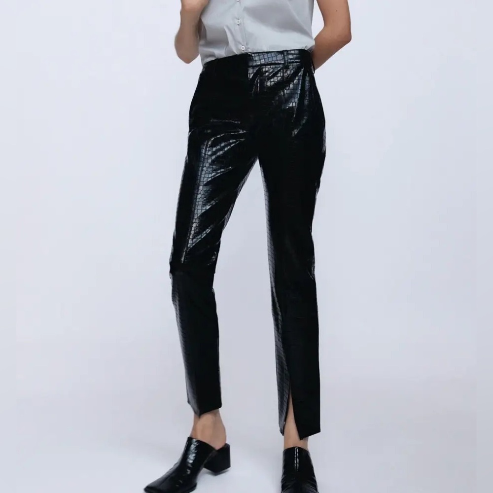 Zara Black Mock Croc Faux Leather Trousers Pants Size XS